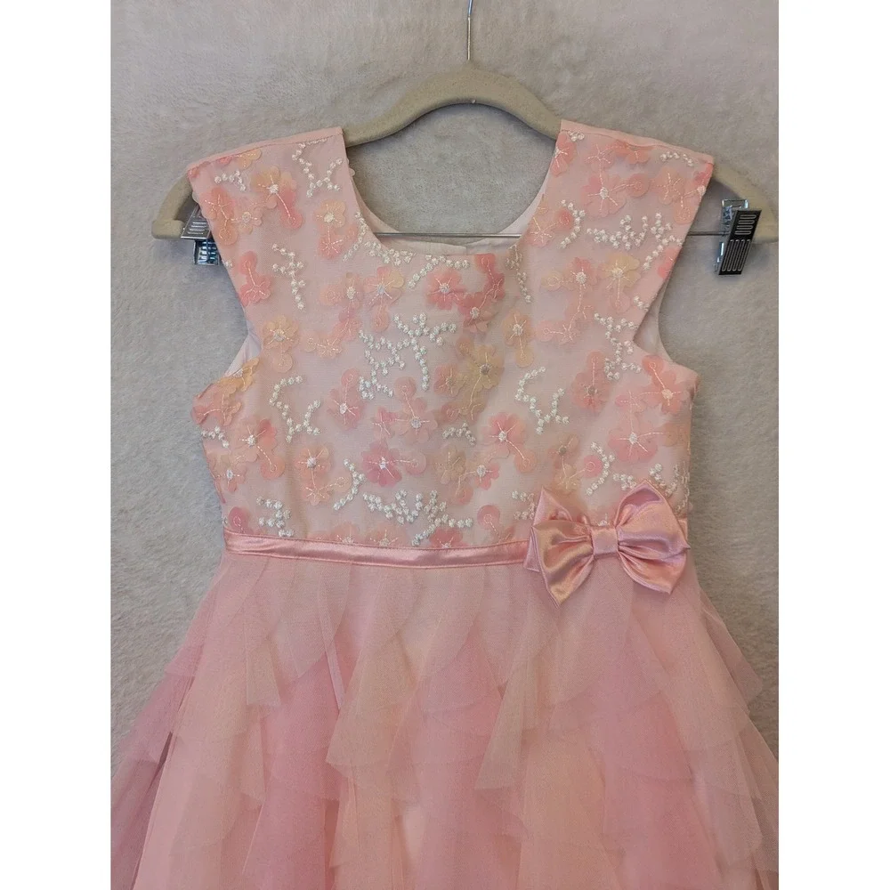 Jona‎ Michelle Girls Pink Floral Embroidered Tulle Ruffle Party Dress Size 7